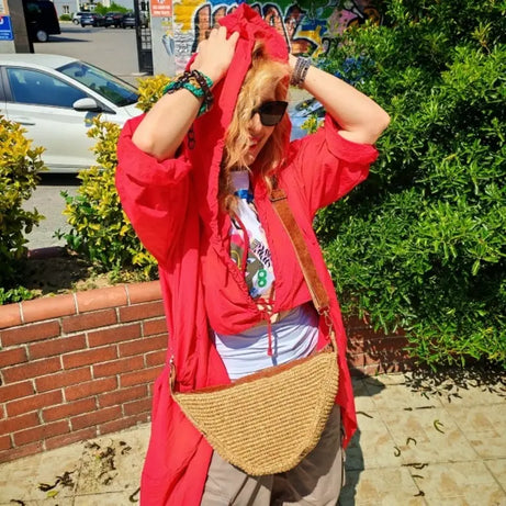 Deri Detaylı El Örgüsü FreeBag Çapraz Çanta
